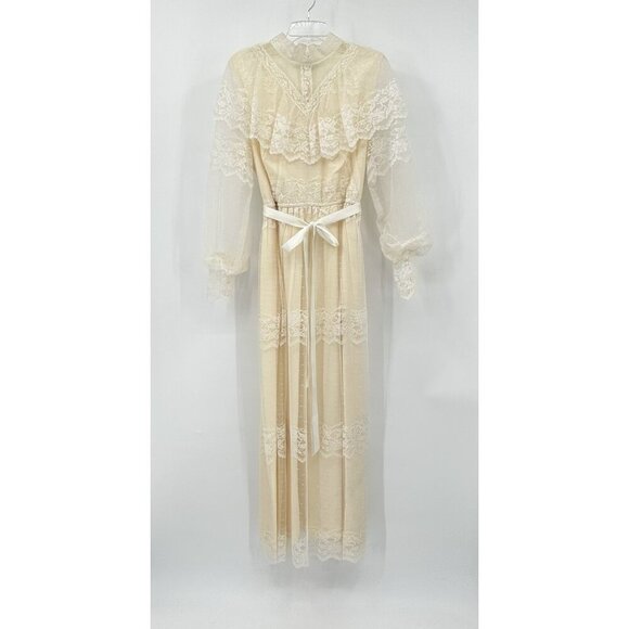 vintage 70s WEDDING DRESS bridal lace victorian boho ivory off white maxi M L - Picture 1 of 13
